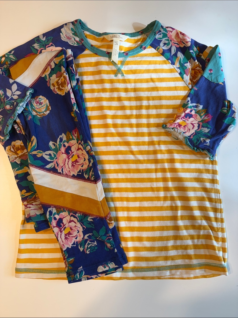 Matilda Jane Yellow Royal Blue Flor Striped Raglan Matching Leggings sz 12VGUC